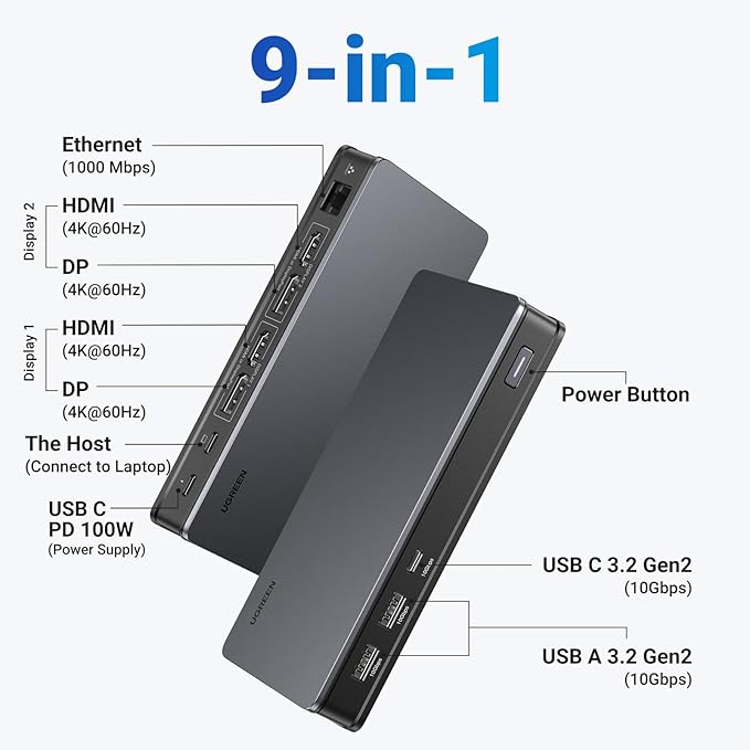 UGREEN USB C Docking Station, DisplayLink 9-in-1,Revodok Pro 209,Dual 4K@60hz Monitor Dock for MacBook & Windows with 2 DP & 2 HDMI, 10 Gbps USB C & USB-A Data Ports, 100W PD, Gigabit Ethernet
