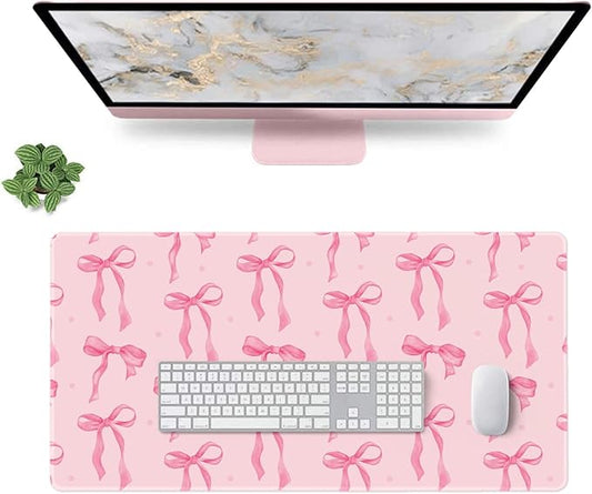 Pink Desk Mat with Bows, Cute Bow Mouse Pad for Computer Laptop Non-Slip Rubber Base Gaming Keyboard Pad, Large Office Mat Girly Office Supplies Desktop Accessories for Teen Girls Women 23.6 x 11.8in