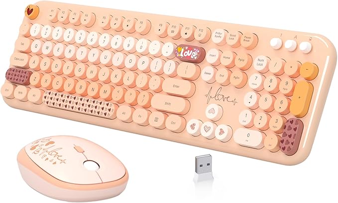 Wireless Keyboard Mouse Combo, Keyboard and Mouse Set,104 Round Keys Colorful Wireless Typewriter for MacBook Windows Laptop Tablet Coffee