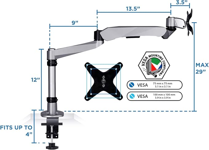 Mount-It! Premium Modular Monitor Desk Mount Arm Stand | Full Motion Gas Spring Arm Fits 19 21.5 24 27 32 Inch Computer Screens with 75 100 VESA Patterns | C-Clamp and Grommet Bases | 17.6 Pound Limit