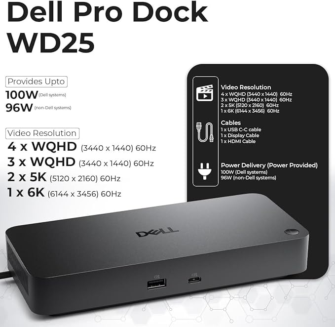 Dell Pro Dock WD25 USB-C Docking Station – 100W Power, Dual 4K Display Support, Includes Anyhdd HDMI, DisplayPort and C to C Cable, 3 Year Warranty
