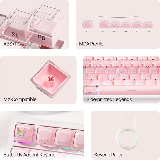 EPOMAKER Lusterfly Jelly Keycaps Set - 123 Keys Double-Shot Laser Engraved, MDA Profile, ABS+PC, Non-Shine-Through, MX-Compatible for 61/68/84/87/98/100/104-Key Mechanical Keyboard (Pink)
