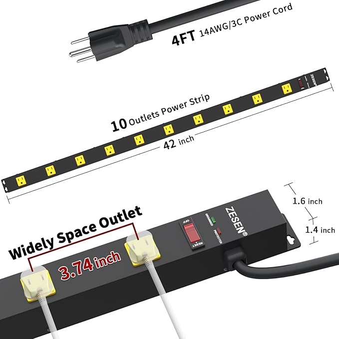 10 Outlet Long Power Strip, Wide Spaced Outlet Power Bar, Heavy Duty Metal Power Strip with 4FT Cord for Work Bench, Garage, Shop, Overload Protection Switch, ETL Listed (15A/1875W), Black