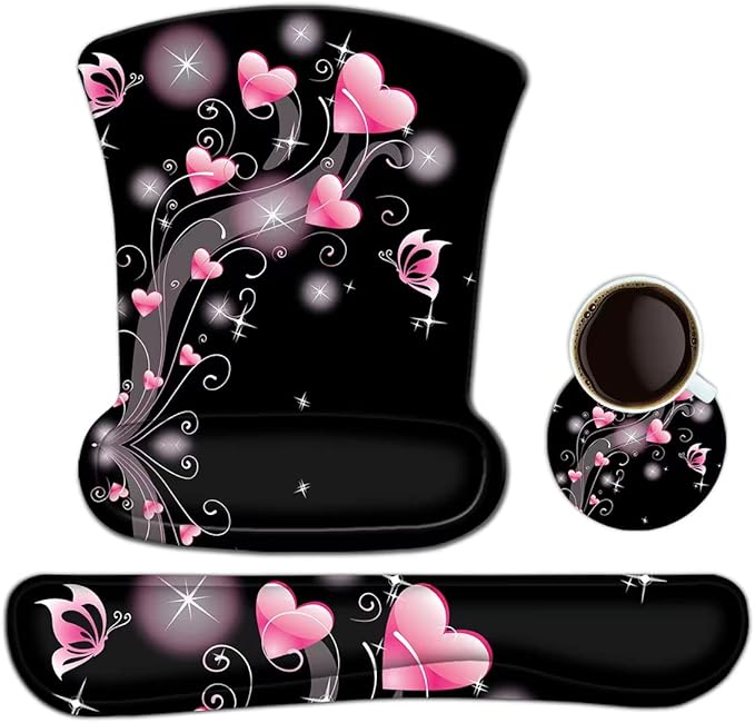 ToLuLu Keyboard Wrist Rest Pad Ergonomic Mouse Pad Set, Cute Mouse Pad for Computer Laptop, Non Slip Mousepad Keyboard Wrist Support with Raised Memory Foam for Easy Typing Pain Relief, Pink Hearts
