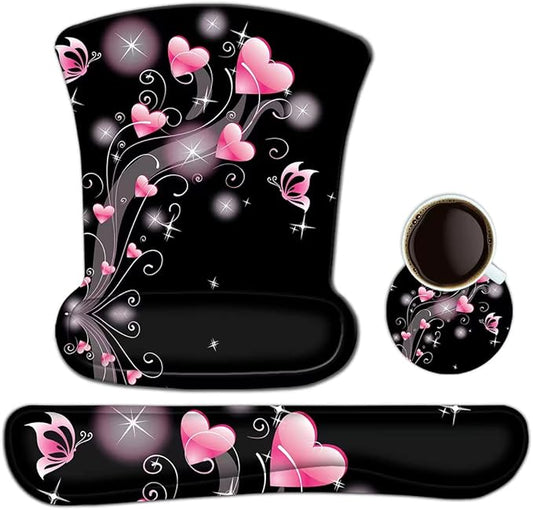ToLuLu Keyboard Wrist Rest Pad Ergonomic Mouse Pad Set, Cute Mouse Pad for Computer Laptop, Non Slip Mousepad Keyboard Wrist Support with Raised Memory Foam for Easy Typing Pain Relief, Pink Hearts