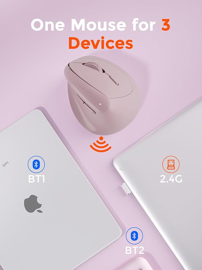 DAREU Ergonomic Vertical Wireless Mouse for Small Hands,2.4GHz / BT Dual Mode,Optical Vertical Mice with 64° Ergonomic Design,Type-C Rechargeable Silent Click,3 Device Connectivity for PC/Laptop