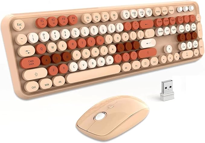 Wireless Keyboard and Mouse Combo,Retro Typewriter Keyboard with 104 Cute Colorful Round Keys,Brown Coffee keyboard and Mouse Set for Long Nail,2.4GHz Full Size Keyboard with 3 DPI Mouse for PC Laptop