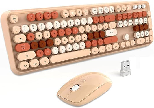 Wireless Keyboard and Mouse Combo,Retro Typewriter Keyboard with 104 Cute Colorful Round Keys,Brown Coffee keyboard and Mouse Set for Long Nail,2.4GHz Full Size Keyboard with 3 DPI Mouse for PC Laptop