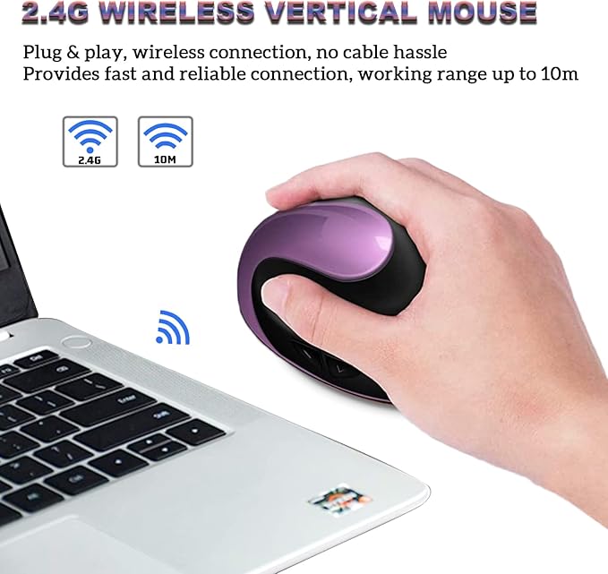 Ergonomic Mouse,Rechargeable Small Vertical Mouse with 6 Buttons Adjustable 800/1200/1600 DPI Purple Wireless Mouse for Laptop, Desktop, PC, MacBook