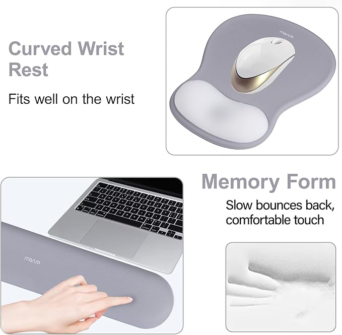 MOSISO Wrist Rest Support for Mouse Pad&Keyboard Set, Curved Ergonomic Mousepad&Coaster Non-Slip Base Home/Office Pain Relief&Easy Typing Cushion with Soft Cloth&Silicone Lining, Gray