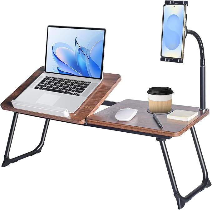 wishacc 28.7" Extra Large Adjustable Laptop Desk Stand with Phone Mount, Wooden Desktop, Portable Design