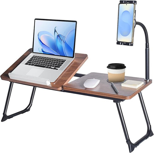 wishacc 28.7" Extra Large Adjustable Laptop Desk Stand with Phone Mount, Wooden Desktop, Portable Design