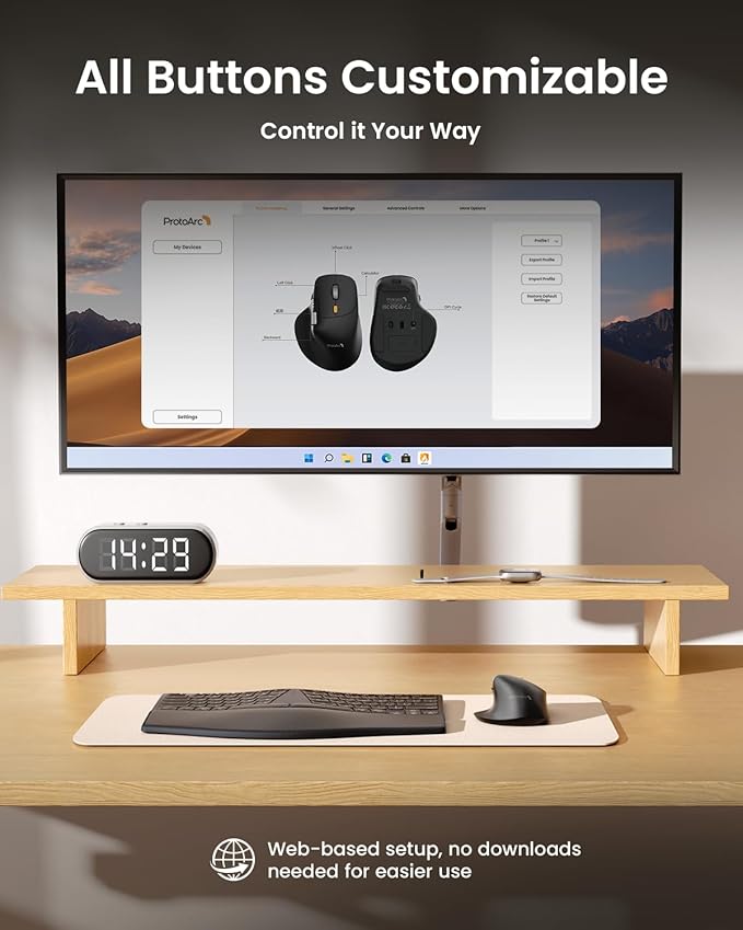 ProtoArc Ergonomic Bluetooth Mouse, EM25 USB Wireless Mouse, Fast Scrolling & Thumb Scroll Wheel, Buttons Customizations, 8000 DPI, Quiet, Rechargeable, Compatible with Windows/Mac/Android, Black