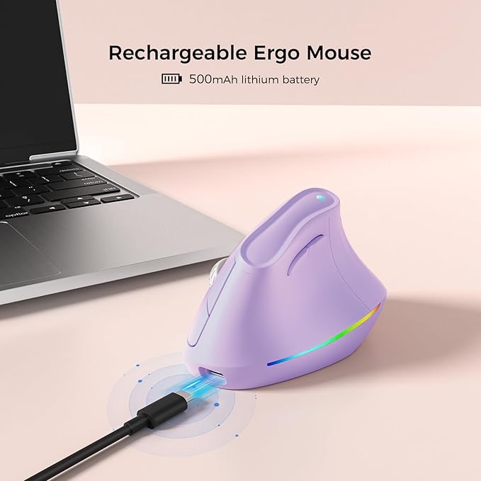 KYSONA 57° Wireless Ergonomic Mouse, Vertical Mouse, Carpal Tunnel Mouse, RGB Light, Rechargeable, Bluetooth & 2.4G, 5-level DPI Adjustment, Quiet Click Ergo Mice Compatible with PC/Laptop/Mac, Purple