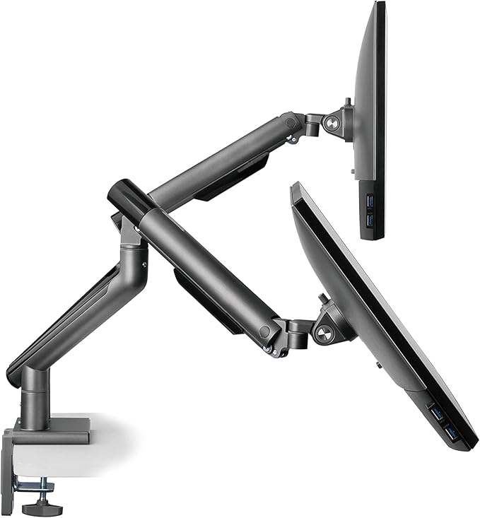 POUT E12 Dual Monitor Arm Mount Stand – Adjustable Full Motion Desk Mount for 17’’-32’’ Screens, Supports 4-22lbs per Arm, VESA 75x75mm & 100x100mm (Grey/Black)