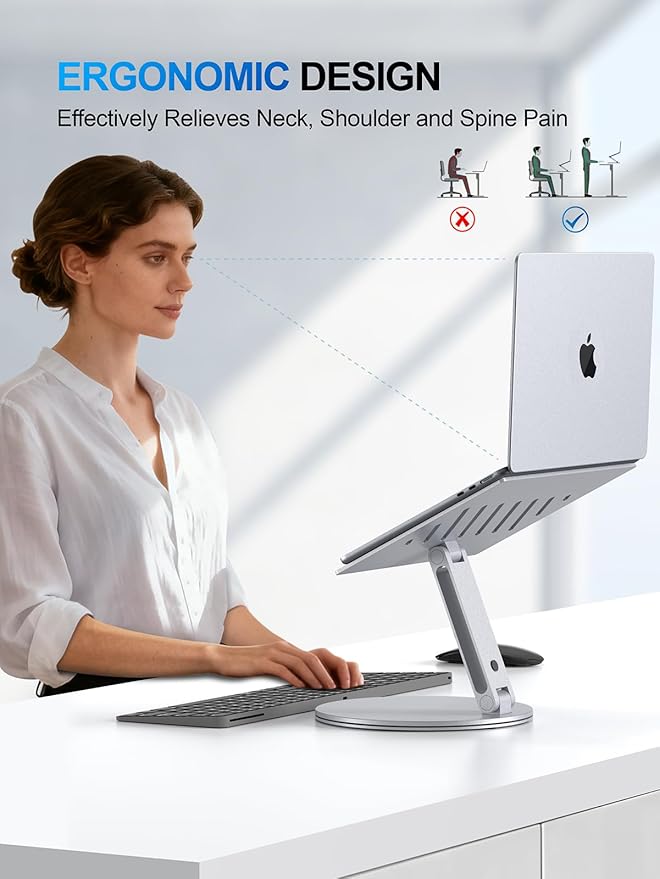 Adjustable Laptop Stand for Desk - 360° Rotating Ergonomic Riser with Aluminum Cooling Vents & Sturdy Construction for 10-16 Inch MacBook Pro/Air, Foldable Portable for Office & Home - Silver