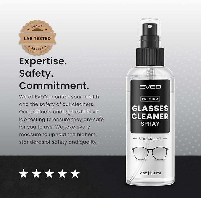 EVEO Glasses Cleaner Spray - Eyeglass Cleaner (No Streaks)| x2 Eye Glass Cleaners Spray + x2 Lens Cleaner Microfiber Cleaning Cloth, Glasses Cleaning Kit Eye Glasses Cleaner Spray & Cloth - 4oz(2ozx2)