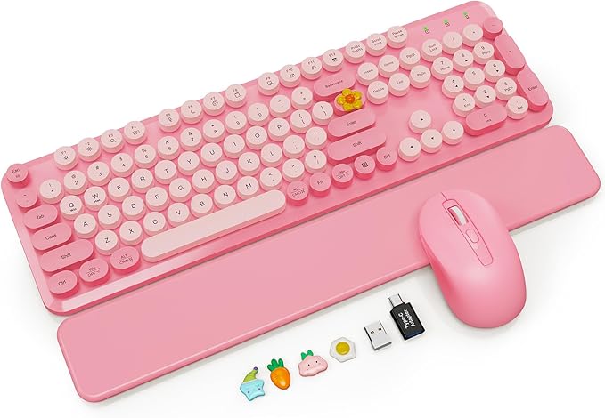 Wireless Keyboard and Mouse Combo with Magnetic Wrist Rest & Round Keycaps, Full-Size Retro Typewriter-Style, Adjustable Tilt Legs, Auto-Sleep, 2.4G Wireless for Windows Mac Laptop PC - Bubblegum Pink