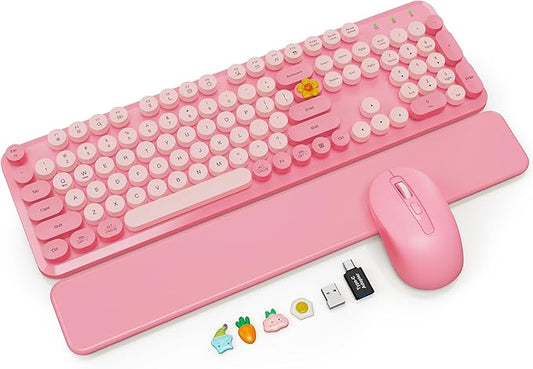 Wireless Keyboard and Mouse Combo with Magnetic Wrist Rest & Round Keycaps, Full-Size Retro Typewriter-Style, Adjustable Tilt Legs, Auto-Sleep, 2.4G Wireless for Windows Mac Laptop PC - Bubblegum Pink