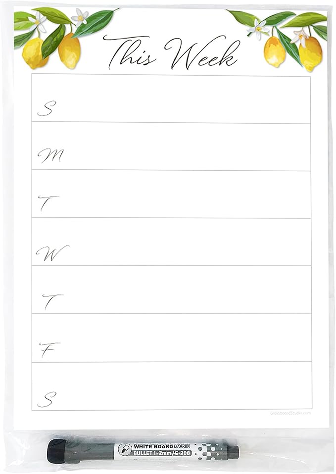 Dry Erase Weekly Calendar Planner Sticker Decal | Removable & Reusable | Magnetic Fine-Tip Marker Included (9 x 12 inches, Lemon Fresh)