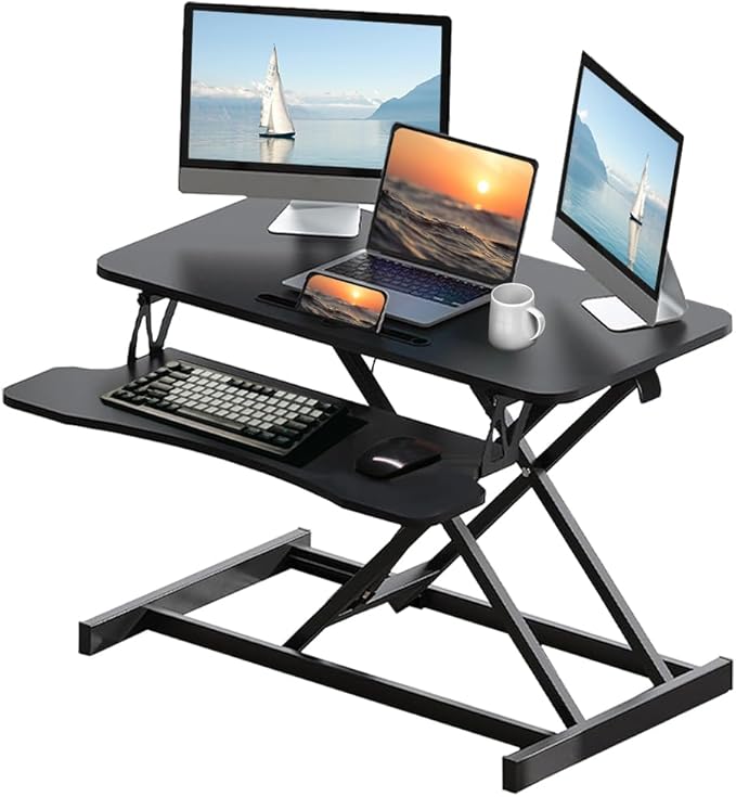Black Desk Riser for Computer Monitors & Laptop Workstation, Height Adjustable 32 Inch Stand Up Desk Converter, Sit To Stand Tabletop Dual Monitor Riser Workstation with Wide Keyboard Tray