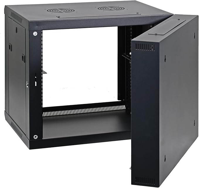 AEONS 9U Professional Wall Mount Server Cabinet Enclosure Double Section Hinged Swing Out 19-Inch Server Network Rack with Locking Glass Door Black (Fully Assembled)