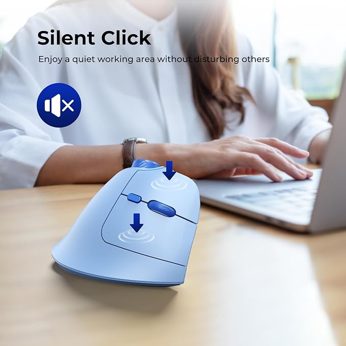seenda Ergonomic Mouse Wireless, MOU-302 Bluetooth Vertical Mouse Rechargeable, Optical Mice with 1000/1600/2400 DPI, Volume Knob, 3 Multi-Device Connectivity for Computer/PC/Laptop/Mac, Blue