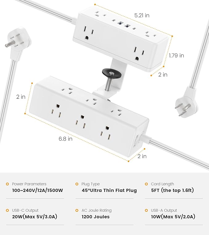 Dual Layer Desk Clamp Power Strip, Desktop Edge Mount Surge Protector with 15 AC Outlets & 4 USB Ports(20W USB-C), Ultra Thin Flat Plug & 5FT Power Cord for Office Home(ETL Listed)