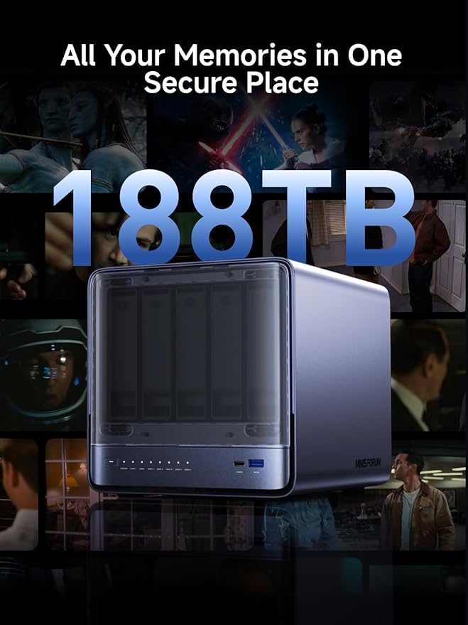 MINISFORUM Desktop NAS N5 Pro 5 Bay, AMD Ryzen AI 9 HX PRO 370(12C/24T),96GB ECC DDR5,128GB SSD,1*10Gbe,1*5Gbe,2*USB4(8K),8K HDMI,1xM.2 Slot & 2xU.2/M.2 Slots up to 188TB, Network Attached Storage