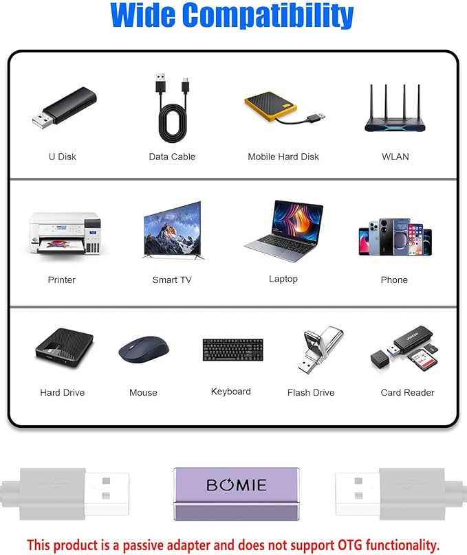 BOMIE USB Female to Female Adapter 2 Pack, USB 3.0 Type-A Female to Female Extension Adapter Connector, 5Gbps Data Transfer and Charging for Connecting Extension Two USB-A Male Ends Cable Purple