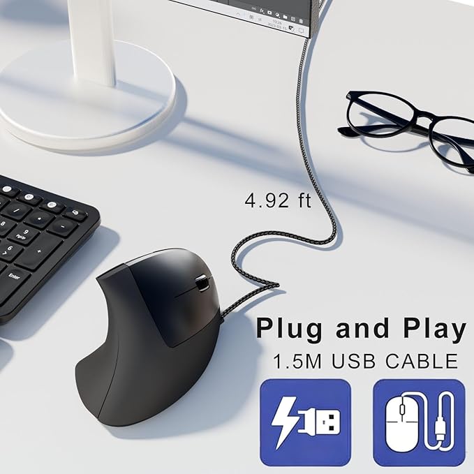 ROCK&ROWN Wired Ergonomic Mouse,Vertical Mouse with Nylon-Braided Cable,6 Buttons,6400 Adjustable DPI,Silent Mouse for PC,Mac,Laptop - Black