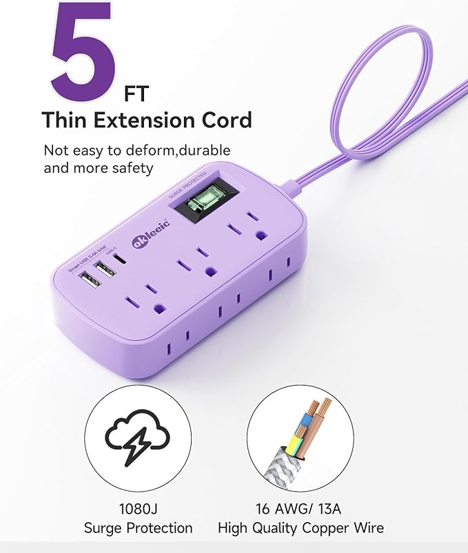 Purple Extension Cord with Surge Protected - Cute Travel Power Strip with 6 AC Outlet 3 USB (1 USB-C) Charging Station, Purple Desk Accessories Wall Mountable Cute Kawaii Lavender Office Dorm Room