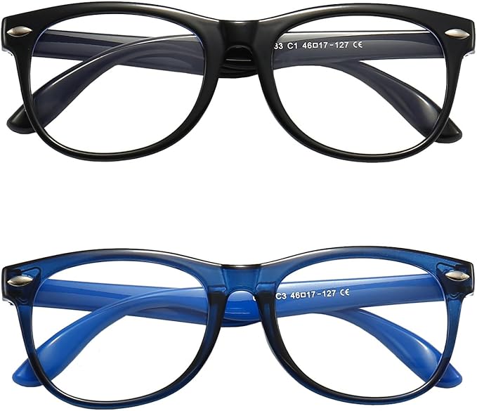 2 Pack kids Blue Light Blocking Glasses For Girls And Boys Computer Blue Light Blocking Glasses For Age 3-11 (Black + Dark blue)