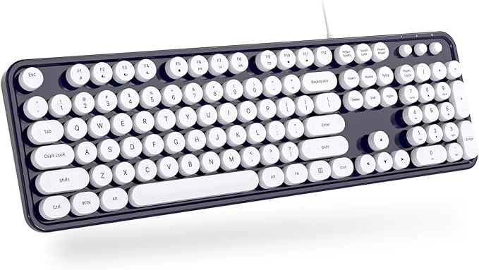 Computer Keyboard Wired, Plug Play USB Retro Round Typewriter Keyboard, Full Size Wired Keyboard with Foldable Stands for Laptop and Office PC