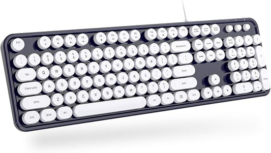 Computer Keyboard Wired, Plug Play USB Retro Round Typewriter Keyboard, Full Size Wired Keyboard with Foldable Stands for Laptop and Office PC
