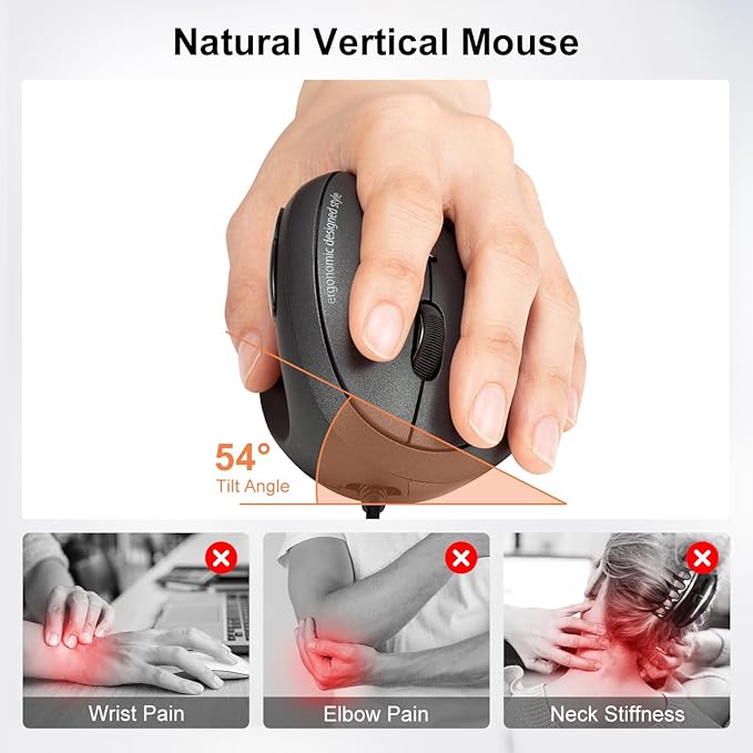 SANWA Wired Left Handed Ergonomic Mouse, Optical Vertical Mice for Small Hands, Reduce Wrist Strain,1000/1600/2400/3200 DPI, 6 Buttons, Compatible with Laptop, Desktop, Windows, Mac, Black