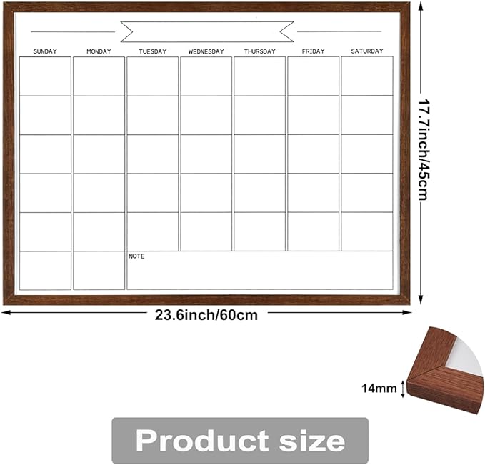 Dry Erase Monthly Calendar Whiteboard, Magnetic White Board for Wall, Solid Pine Wood Walnut Brown Frame Hanging Board for Office/School/Home，17.7"x 23.6"(YL-WB-4560-B)