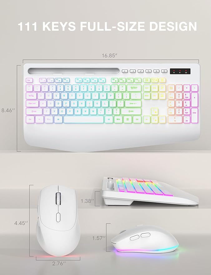 SABLUTE Wireless Keyboard and Mouse Combo, 9 Backlit Effects, Wrist Rest, Phone Holder, 2.4G Lag-Free Ergonomic Keyboards, KM22 MAX Rechargeable Silent Set for Computer, Laptop, Mac, Windows（White）
