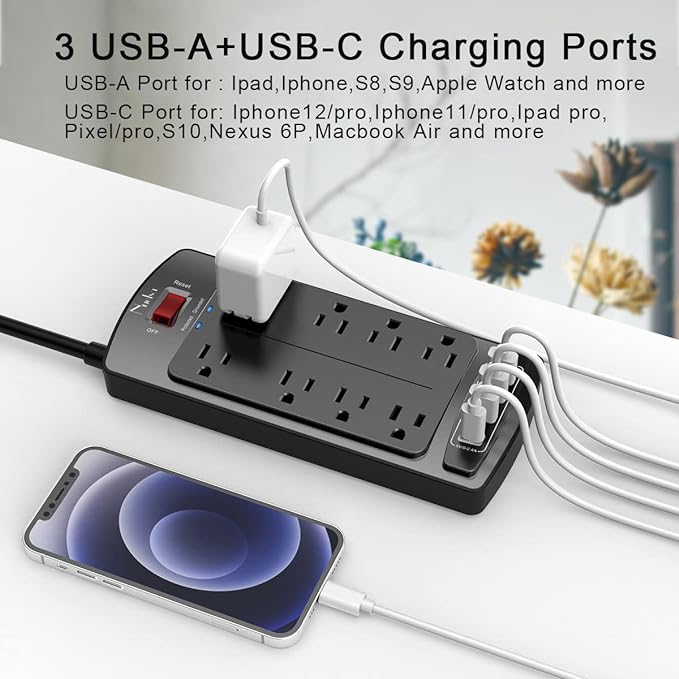 Surge Protector Power Strip - Nuetsa Flat Plug Extension Cord with 8 Outlets and 4 USB Ports, 15 Feet Power Cord (1625W/13A), 2700 Joules, ETL Listed, Black