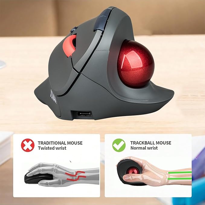 Dual Mode Wireless Vertical Computer Trackball Mouse, Ergonomic Bluetooth Thumb-Control Mouse with Quiet Clicks Ergonomic Design Adjustable CPI ,Built-in 500mAh Battery Rechargeable for PC/Mac/Laptop