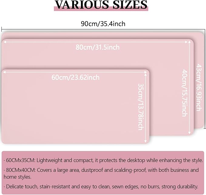 Pink Leather Desk Mat Large Mouse Pad, Waterproof Desk Pad for Keyboard and Mouse, Non-Slip Computer Desk Protector, Smooth Mouse Movement Desk Mat for Home and Office(31.5"×15.7")