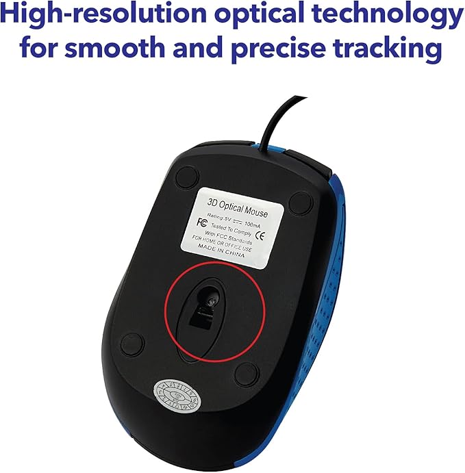 Verbatim Wired USB Computer Mouse - Corded USB Mouse for Laptops and PCs - Right or Left Hand Use, Blue 99743, 1.4" x 2.4" x 3.9"