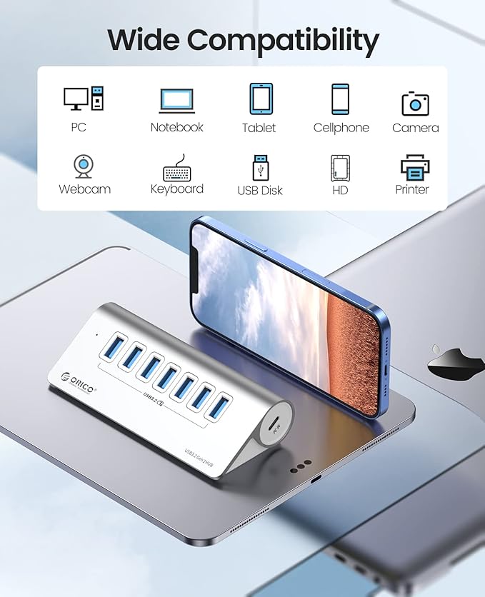 ORICO Powered USB Hub 10Gbps, 7 Port USB 3.2 Gen 2 Hub with 7 USB 3.2 Data Ports, 5V 3A Power Supply Interface, 1.64Ft USB C to C Cable and USB-A Adapter, Aluminum USB Data Hub for Laptop