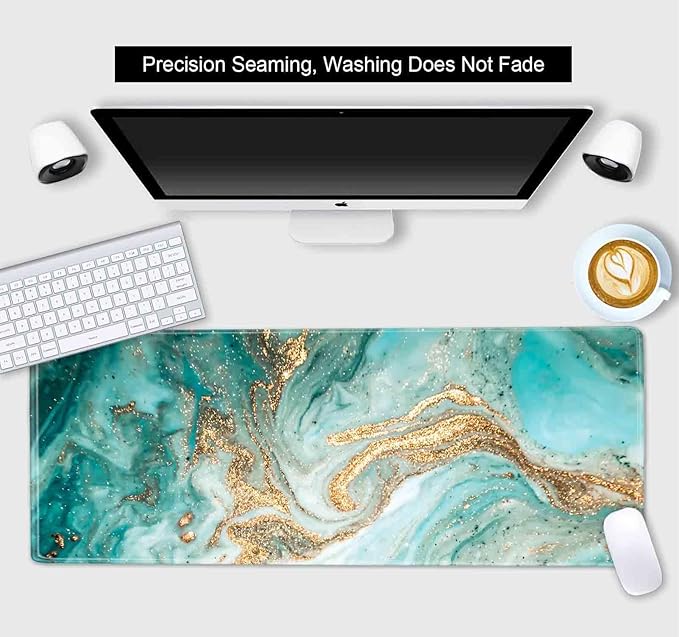 Large Mouse Pad, Extended Gaming Mousepad with Stitched Edges Rubber Base, Modern Teal Keyboard Mouse Mat Desk Pad for Work, Office, Home, 31.5 X 11.8 Inch - Green & Gold Marble Texture Art