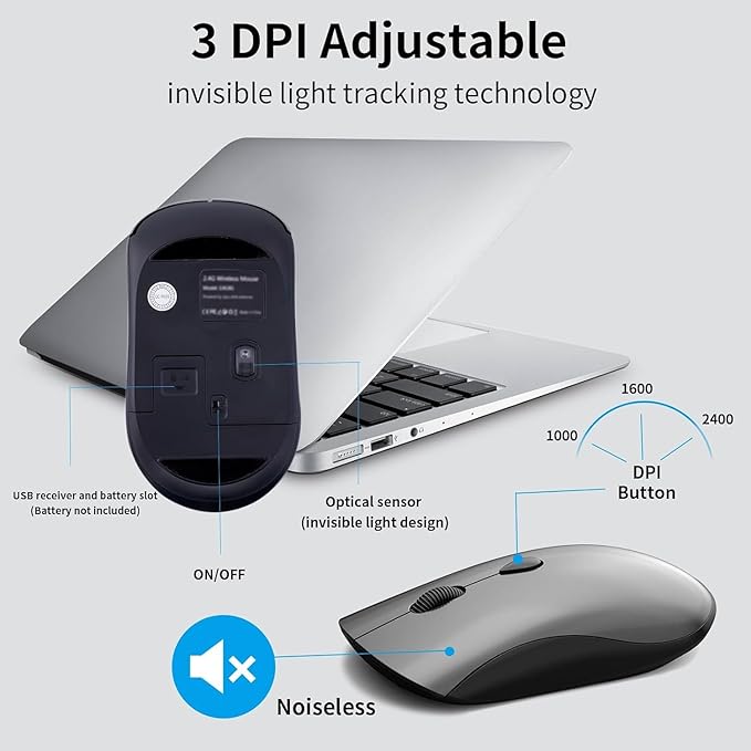 Wireless Mouse and Keyboard Combo, Silent Full-Size Computer Keyboard with Calculator Button, 2400 DPI Mouse, Quiet Click, Slim Cordless USB Set for Laptop PC Windows Mac - Space Grey（2 Pack）