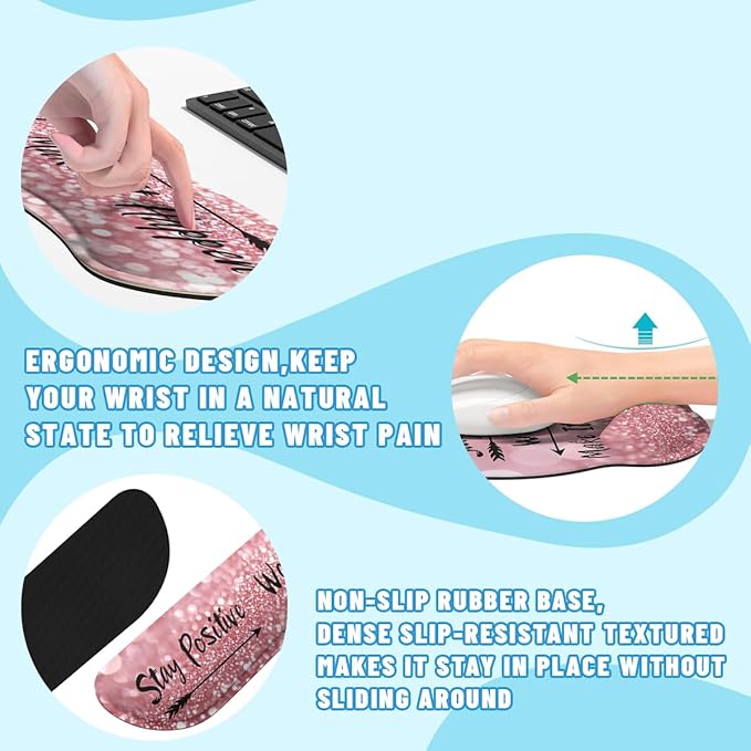Motivational Quote Mouse Pad Set Stay Positive Work Hard Pink Gaming Mousepad 4in1 Desk Mat for Desktop Wrist Support Cup Coaster Set Ergonomic Computer Desk Arm Wrist for Decor Home Office