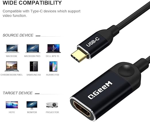 QGeeM USB C to HDMI Adapter 4K Cable, USB Type-C to HDMI Adapter [Thunderbolt 3/4] HDMI for Laptop MacBook Pro/Air, iPhone 15 16 17 Pro max, Dell XPS, Pixelbook, iMac,Thinkpad,Surface,IPad Pro. -Black