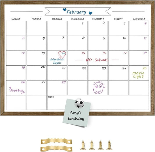 Dry Erase Monthly Calendar Whiteboard for Wall, Solid Pine Wood Rustic Brown Frame Magnetic Surface Whiteboard for Wall，23.6"x 31.5"(YLBB-B-RB-6080)