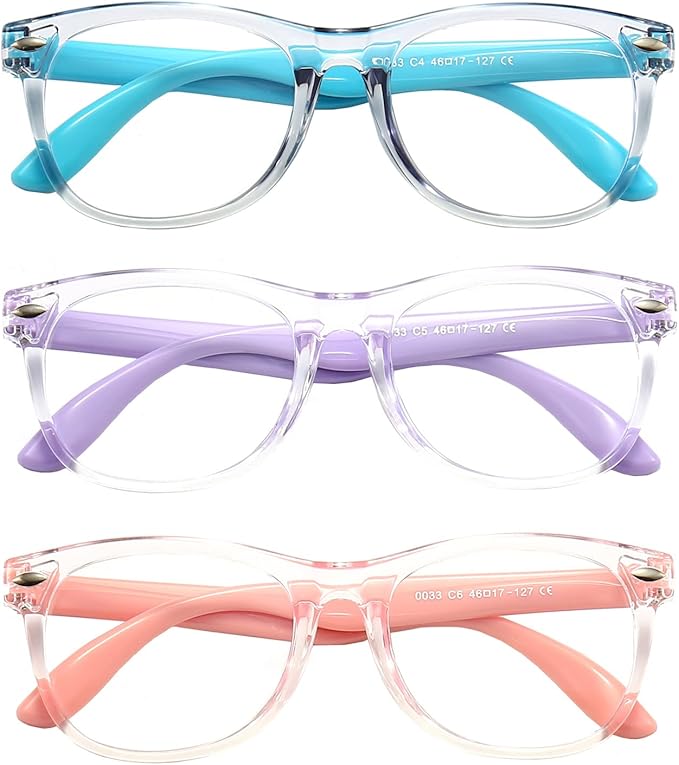 3 Pack kids Blue Light Blocking Glasses for girls boys Computer Blue Light Blocking Glasses For Age 3-9 (Light blue + Light purple + Light pink)