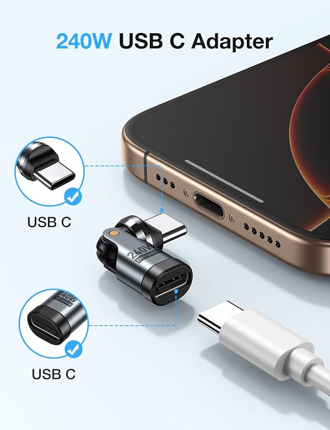 USB C Adapter [3-Pack], PD 240W USB C 90 Degree Adapter, Type C Right Angle Adapter/360 & 180 Degree USBC to USBC Adapters for Phone 17/16/15, MacBook Pro/Pad Series, Samsung Galaxy, Tablet, Laptop